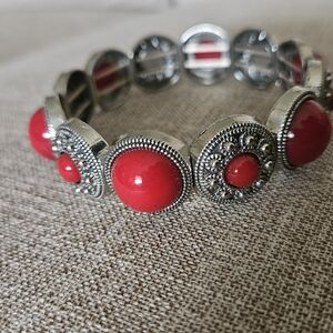 Silver and Red Beaded Elastic Bracelet